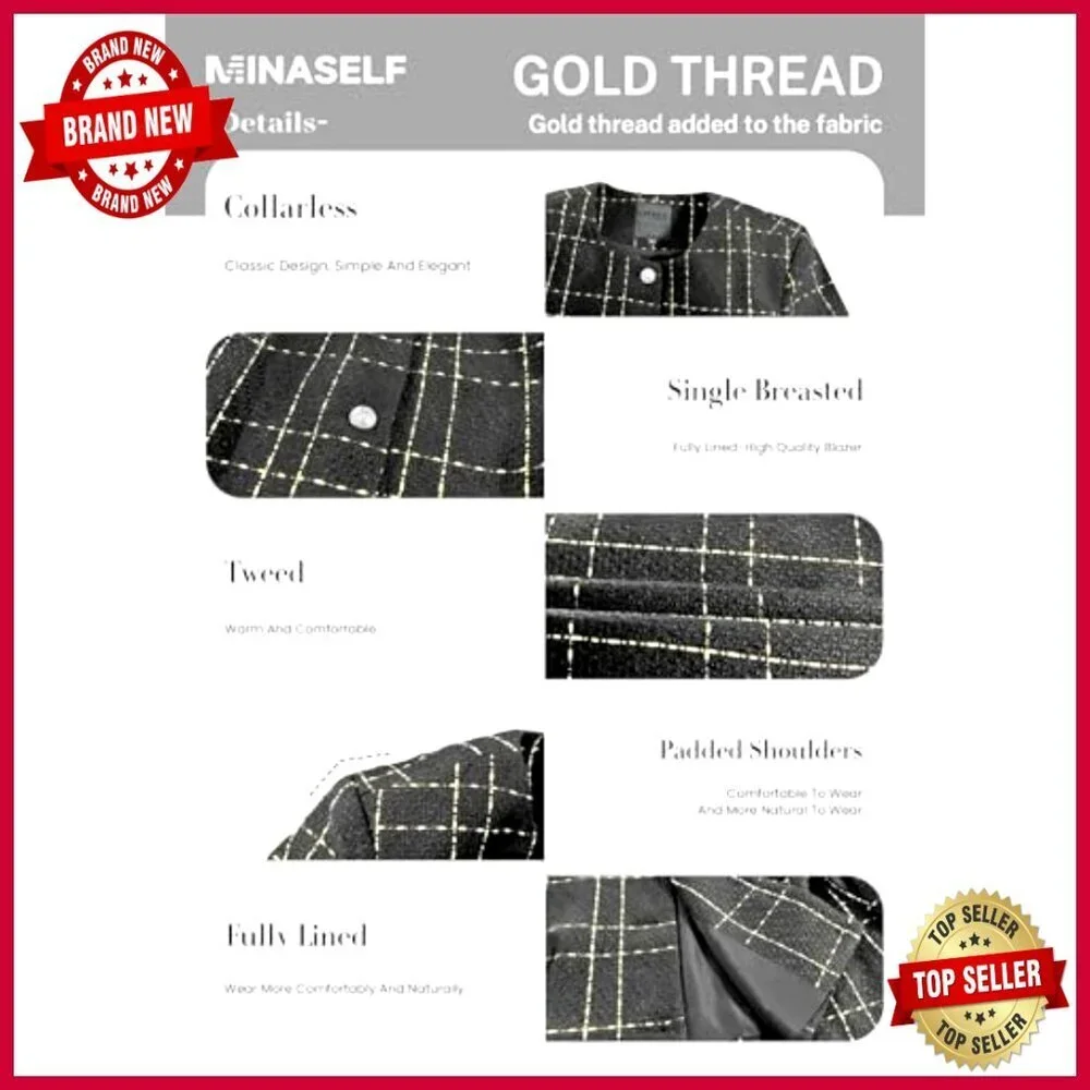 Tweed Cropped Blazer Collarless Plaid Open Front Loose Fit_6